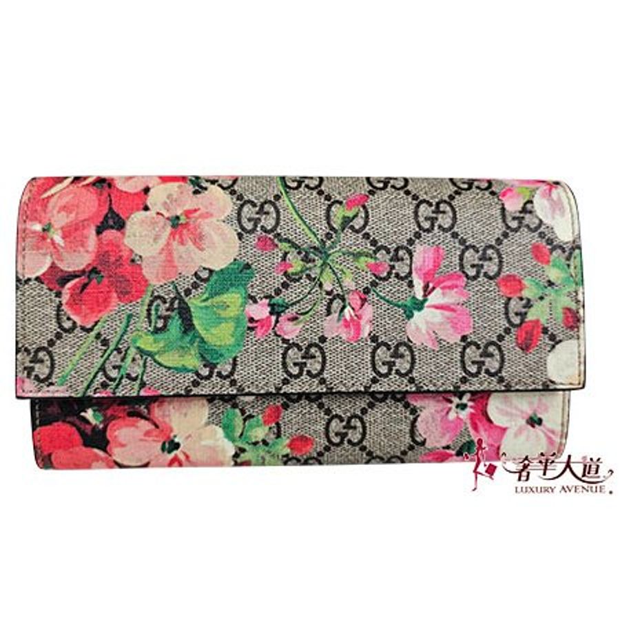 GUCCI 咖啡色 PVC 粉色天竺葵釦式長夾 404070-0