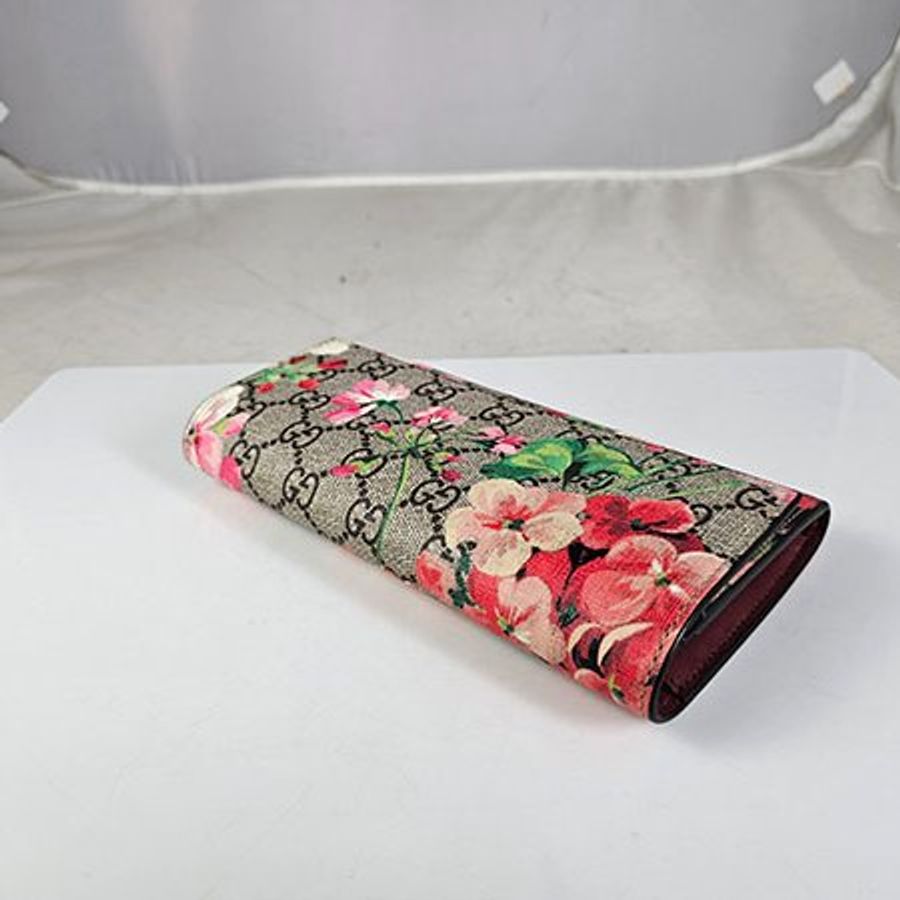 GUCCI 咖啡色 PVC 粉色天竺葵釦式長夾 404070-1
