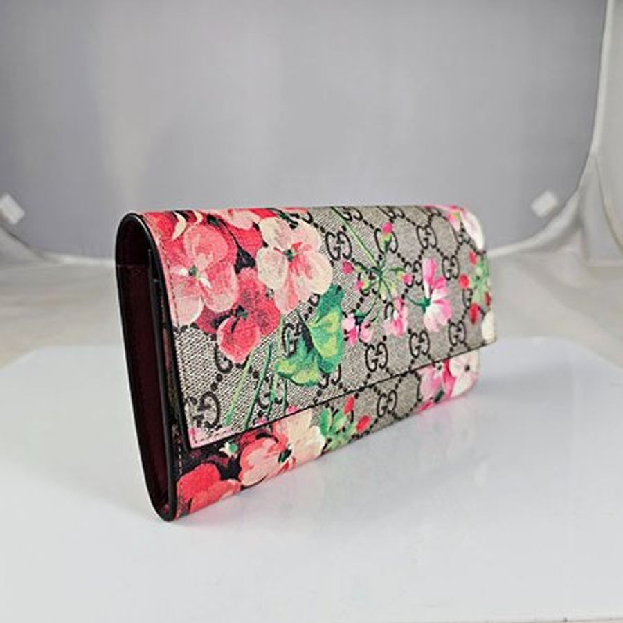 GUCCI 咖啡色 PVC 粉色天竺葵釦式長夾 404070-2