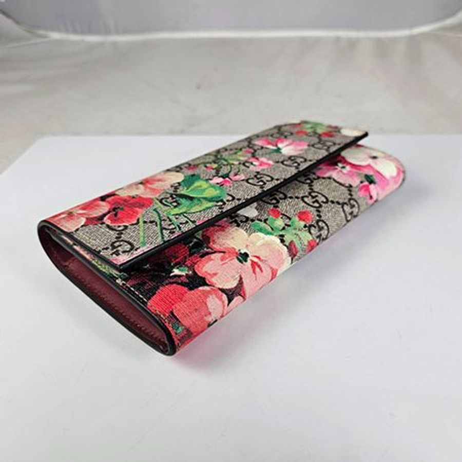 GUCCI 咖啡色 PVC 粉色天竺葵釦式長夾 404070-3