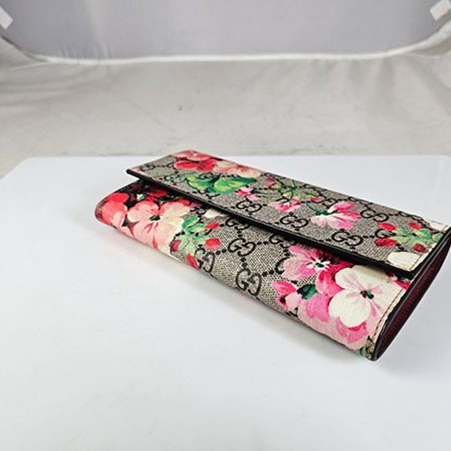 GUCCI 咖啡色 PVC 粉色天竺葵釦式長夾 404070-4