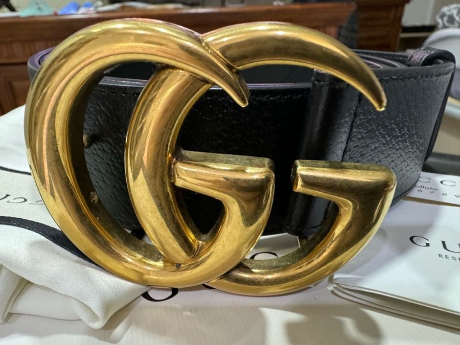Gucci 經典仿舊金屬大雙G牛皮皮帶正品-1