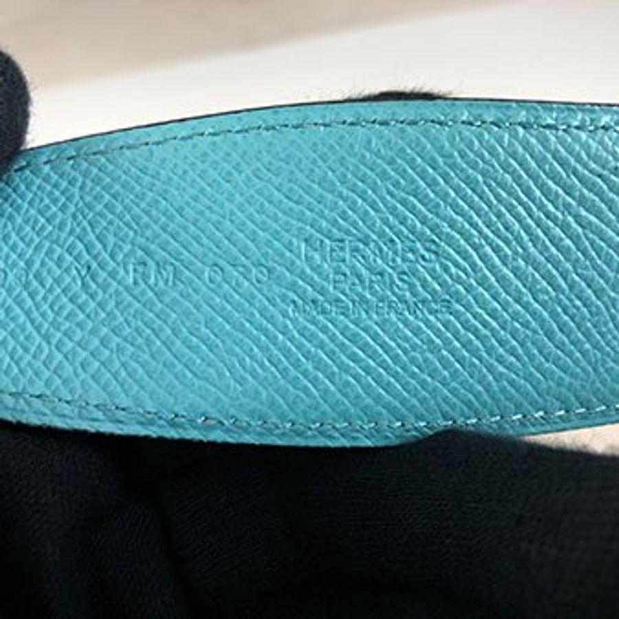 HERMES深藍色/水藍金釦大H LOGO雙面皮帶 3.8CM 90CM-3