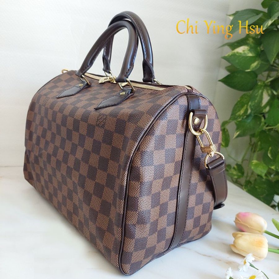LV 🎀現品實拍 🎀 N41183 格紋 Speedy30cm 波士頓包 手提 斜背包~二手品-29