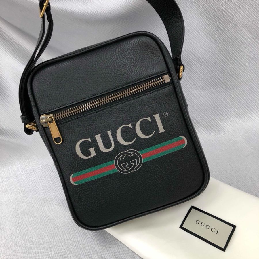 Gucci 復古 印刷 綠紅綠 黑色 牛皮 拉鍊 斜背 側背 日字 郵差包 523591-0