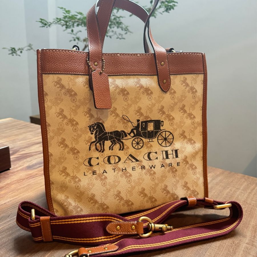 COACH 馬車標誌防刮 PVC手提/斜背兩用包 米駝色-0