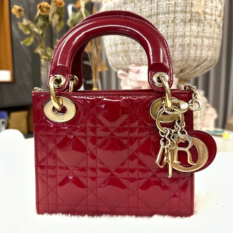 Dior 三格小號戴妃包/酒紅色/漆皮/只揹過一次 Lady Dior-0