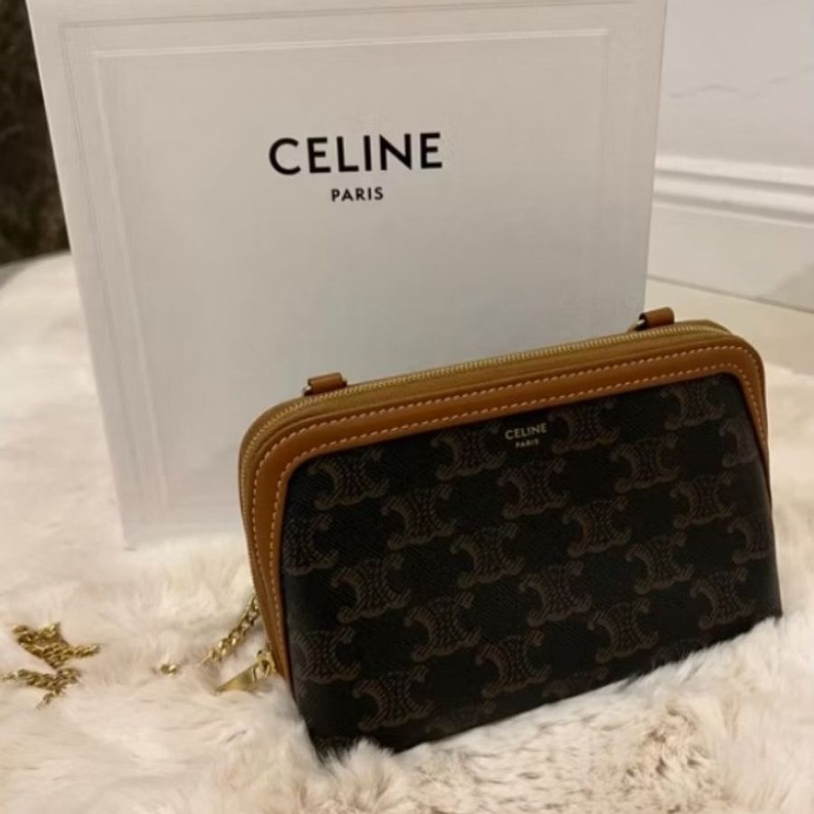 CELINE 凱旋老花金色鏈條貝殼包-0