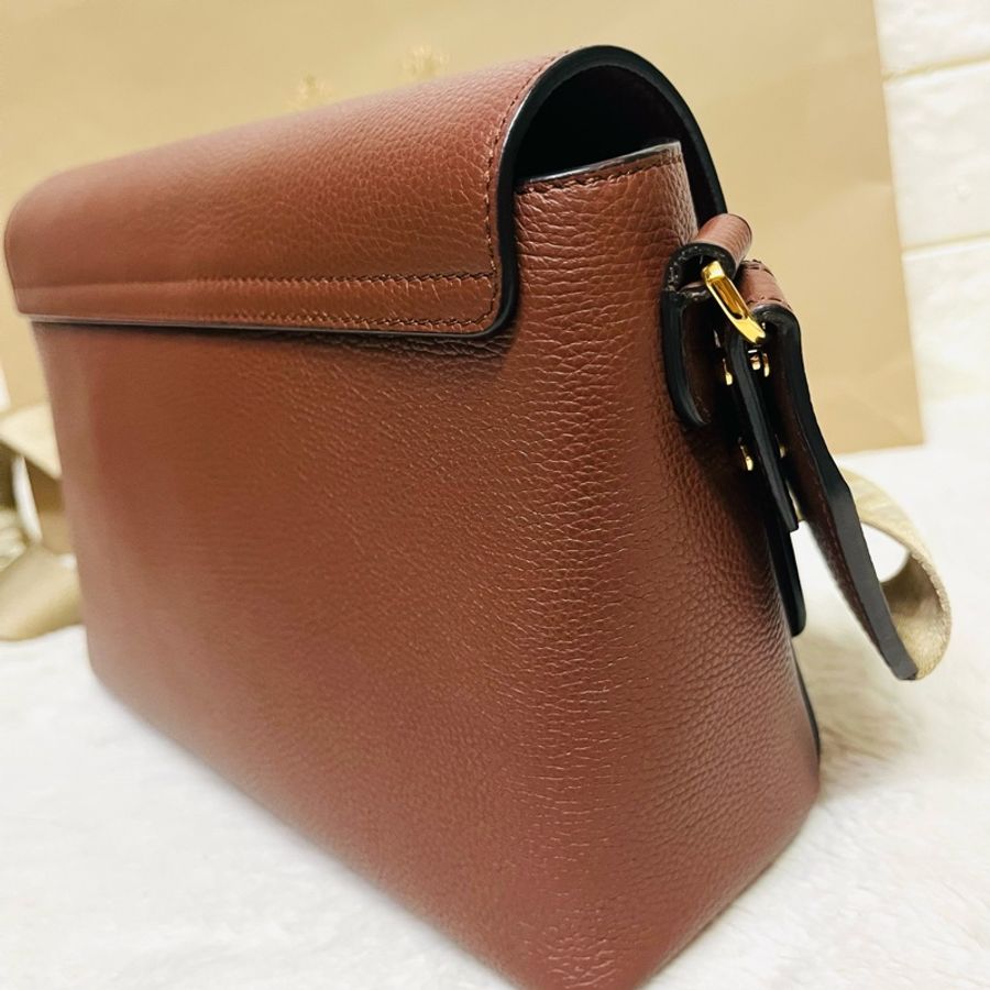 Burberry NOTE系列#經典格紋拼接牛皮斜背包(中/棕×米格紋)-9