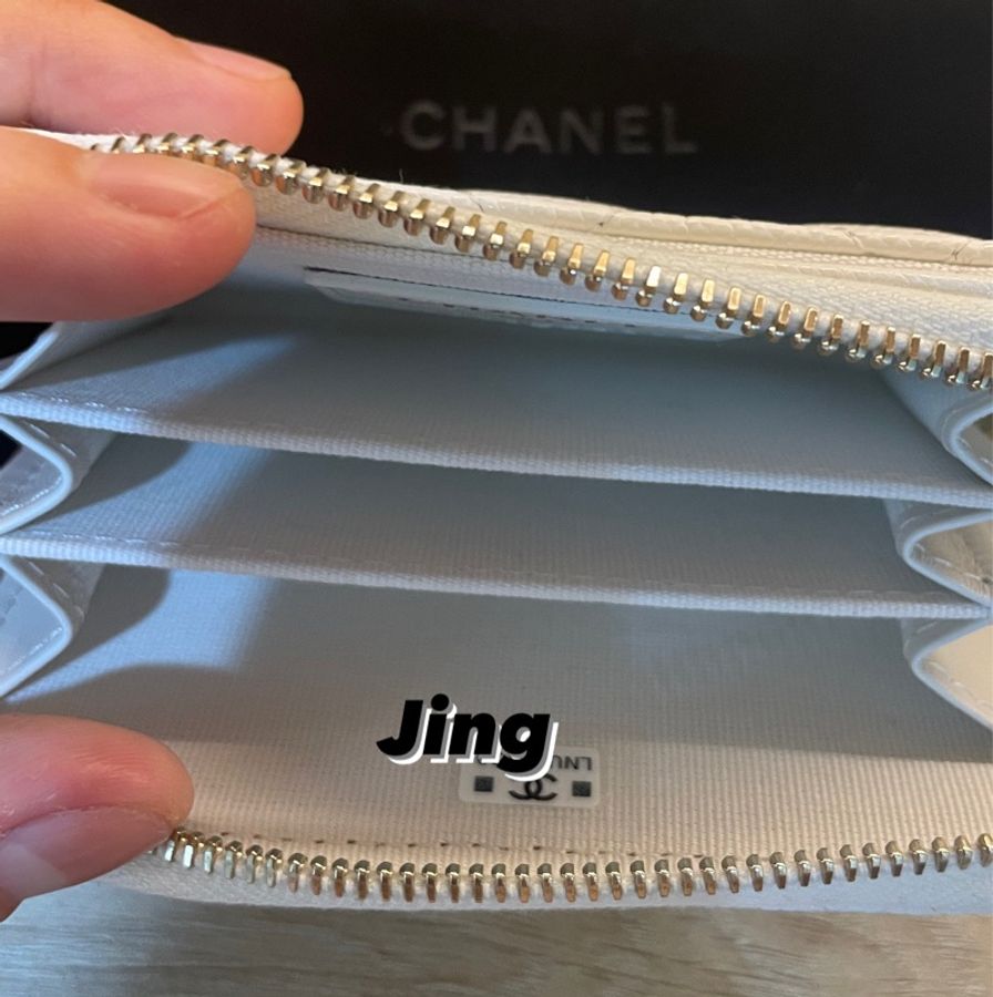 CHANEL 經典款 拉鍊零錢包/卡包 (白色 x 荔枝紋牛皮 x 淡金釦)-6