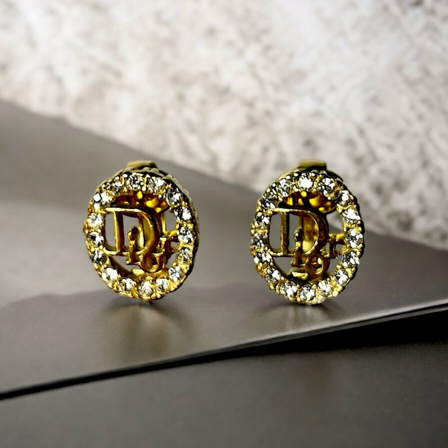 Dior logo水鑽夾式耳環-0