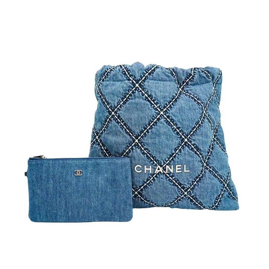 Chanel 22 銀logo菱格紋單寧牛仔肩背包(AS3261-藍)-1