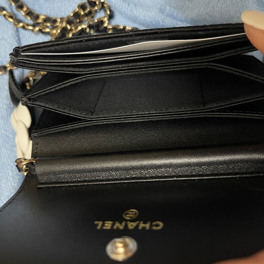 香奈兒 chanel 23K 經典雙C LOGO 菱格紋 山茶花緞面布淡金鍊條斜背零錢包-8