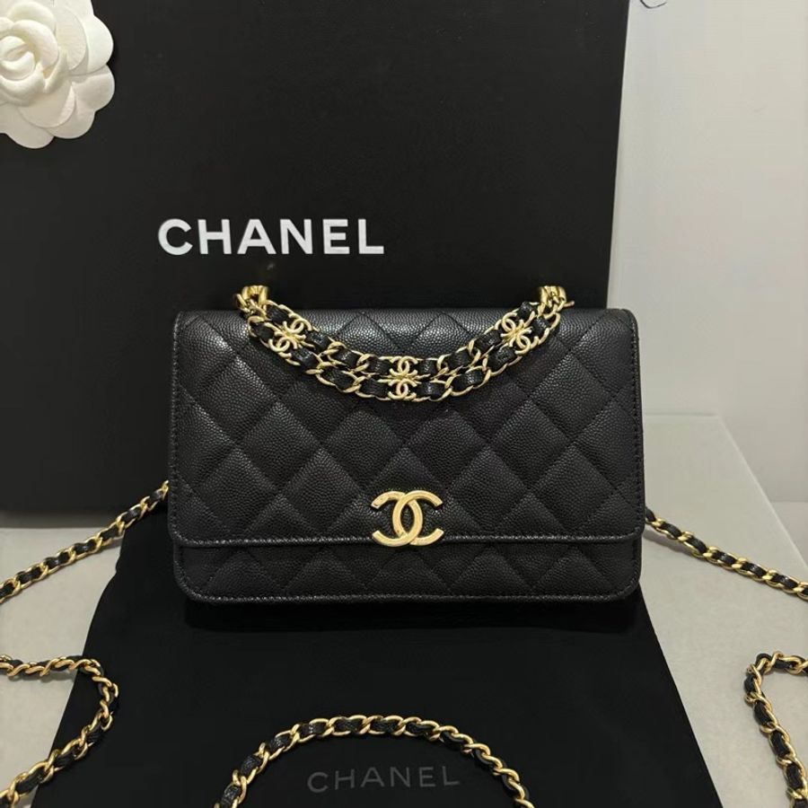 Chanel 22K 黑金荔枝皮 雙鏈條 woc-0