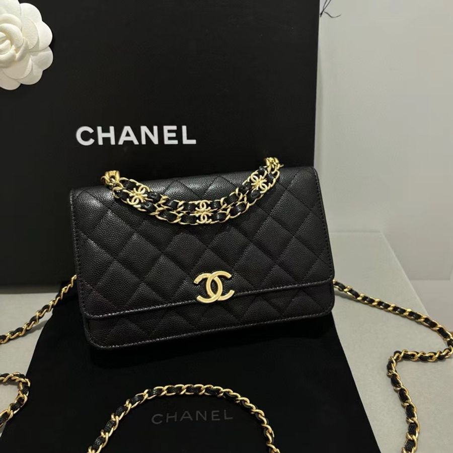 Chanel 22K 黑金荔枝皮 雙鏈條 woc-1