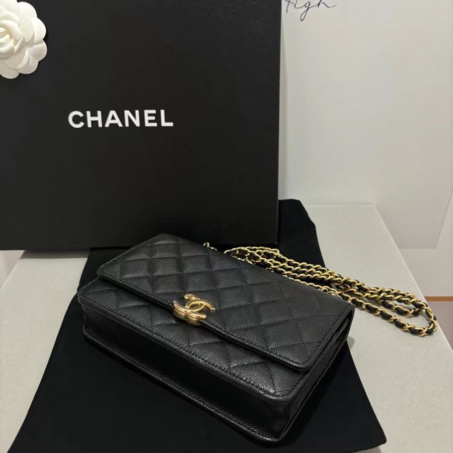Chanel 22K 黑金荔枝皮 雙鏈條 woc-3