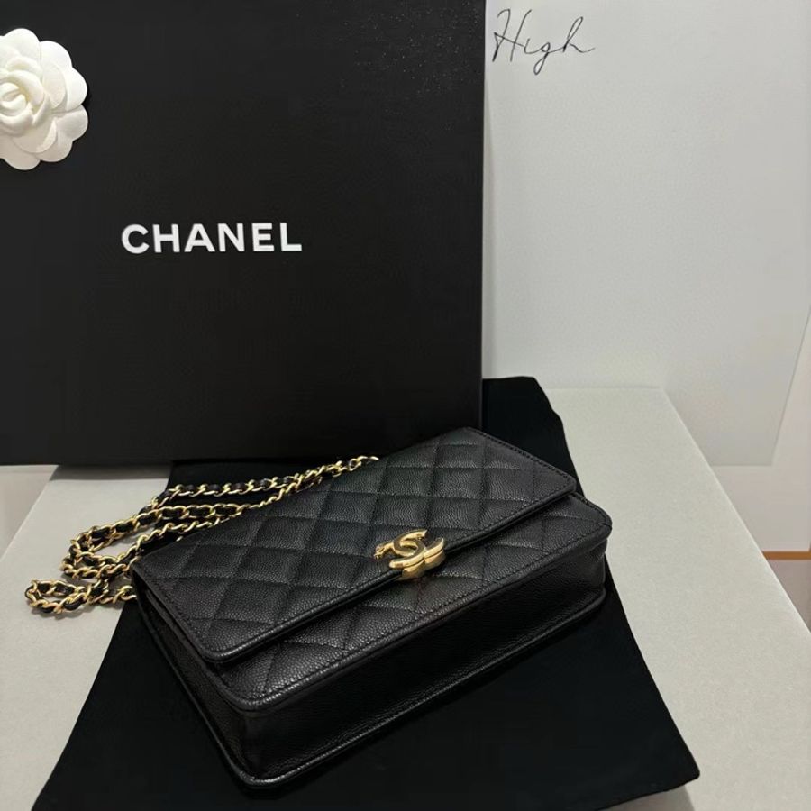 Chanel 22K 黑金荔枝皮 雙鏈條 woc-4