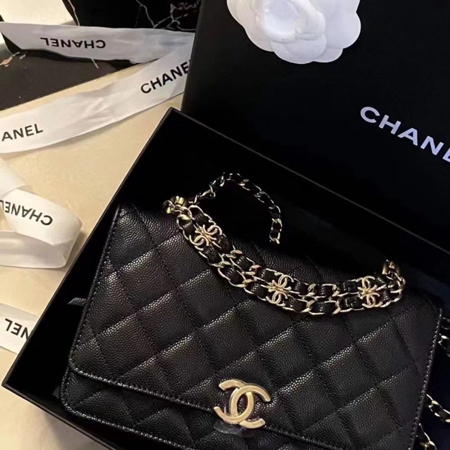 Chanel 22K 黑金荔枝皮 雙鏈條 woc-5
