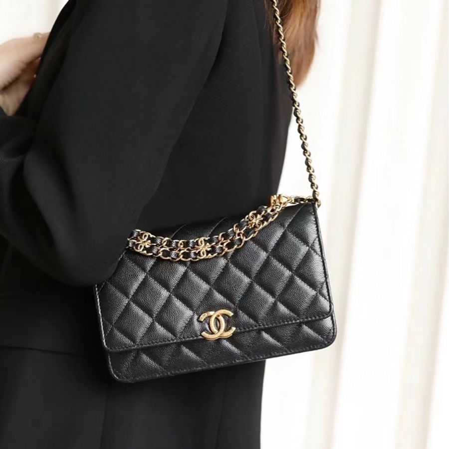 Chanel 22K 黑金荔枝皮 雙鏈條 woc-6