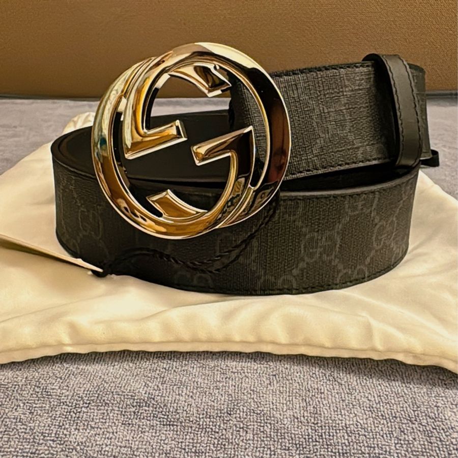 GUCCI 男款銀扣腰帶 95cm-0