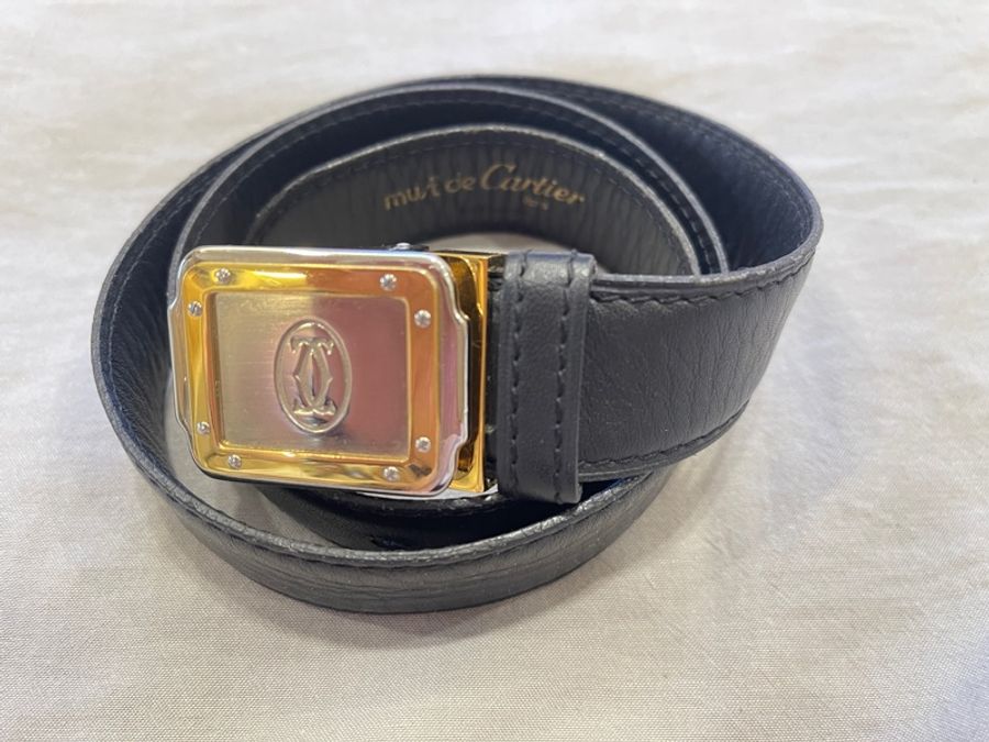 Cartier 金銀Santos牛皮皮帶-3