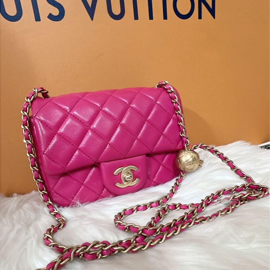 CHANEL CF 方胖子金球 全配玫果紅色 羊皮 金鏈-2