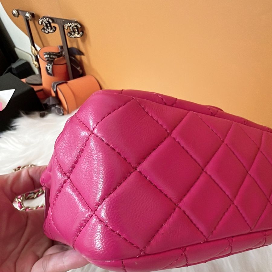 CHANEL CF 方胖子金球 全配玫果紅色 羊皮 金鏈-8