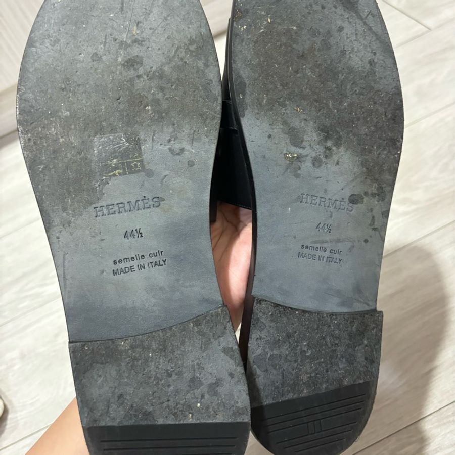 現貨商品 二手帥鞋 Hermes 愛馬仕專櫃正貨 男款超帥氣 黑武士 黑色 SO BLACK Kelly扣皮革拖鞋 尺寸44.5-45號可穿-19
