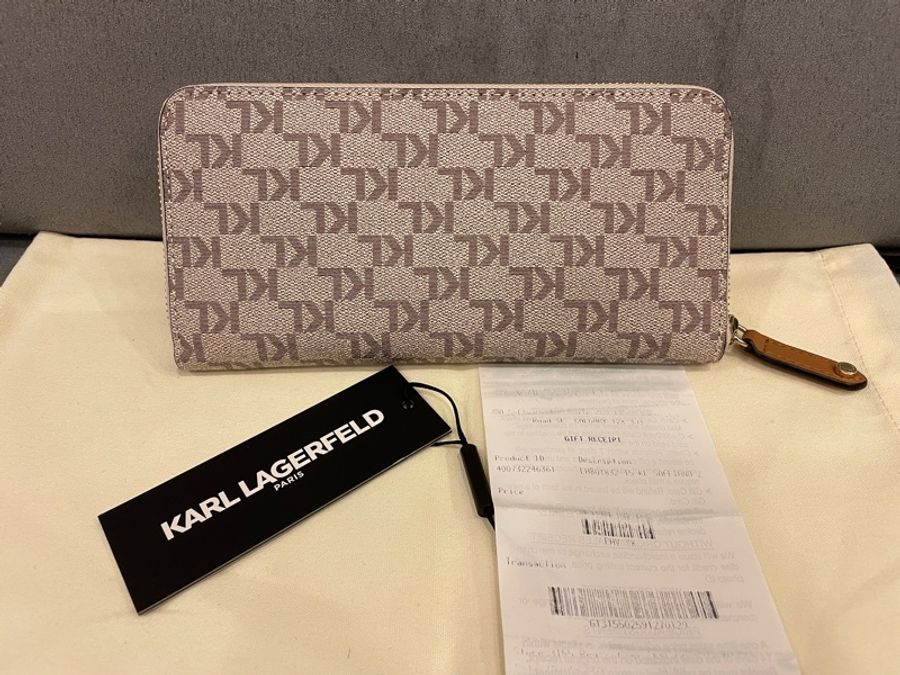 (近新閒置品)KARL LAGERFELD 卡爾 老花 防刮牛皮 拉鍊長夾/皮夾/錢夾-1