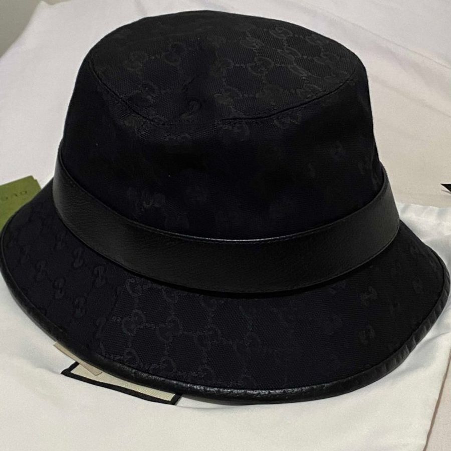 GUCCI 古馳雙G LOGO帆布漁夫帽 黑老花 老花帆布 漁夫帽 水桶帽 老帽 帽子 草帽 遮陽帽 帆布帽 戶外帽-2