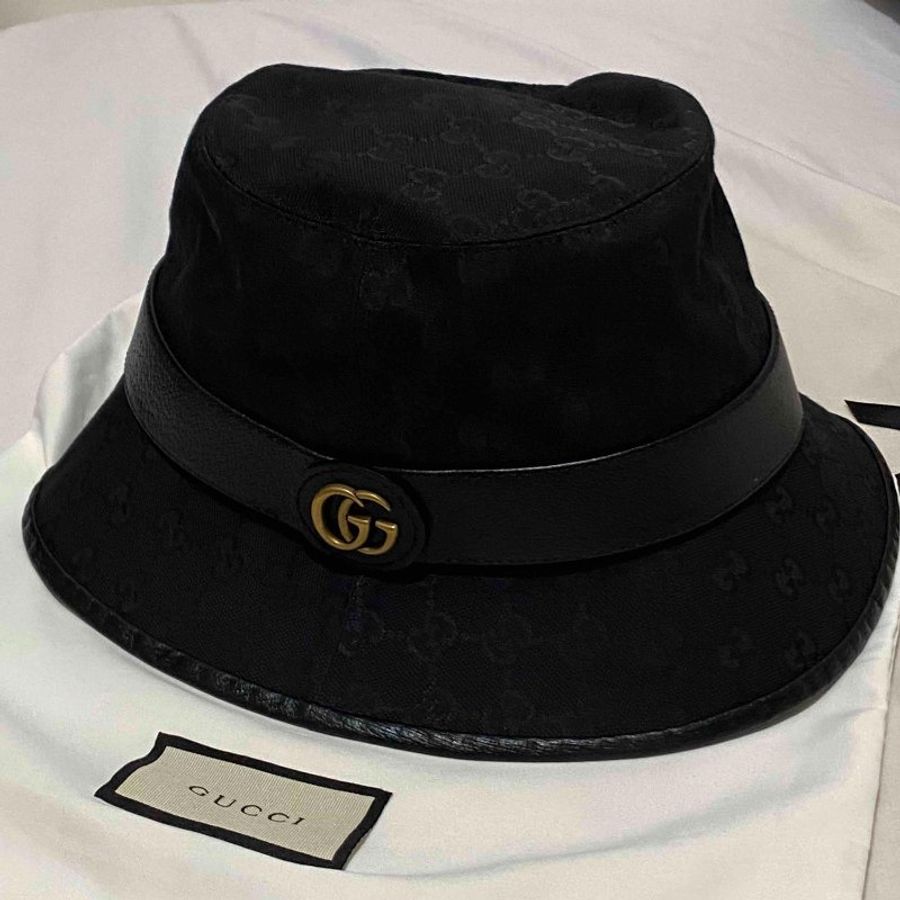GUCCI 古馳雙G LOGO帆布漁夫帽 黑老花 老花帆布 漁夫帽 水桶帽 老帽 帽子 草帽 遮陽帽 帆布帽 戶外帽-7