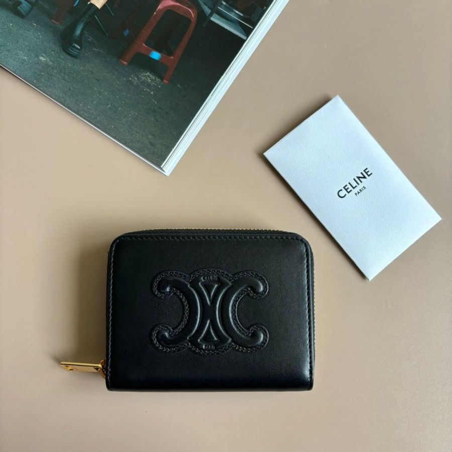 ::CELINE:: TRIOMPHE COMPACT 凱旋門壓印黑光滑牛皮革拉鍊錢包-1