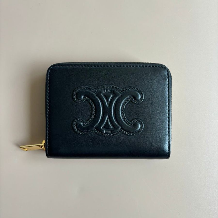 ::CELINE:: TRIOMPHE COMPACT 凱旋門壓印黑光滑牛皮革拉鍊錢包-2