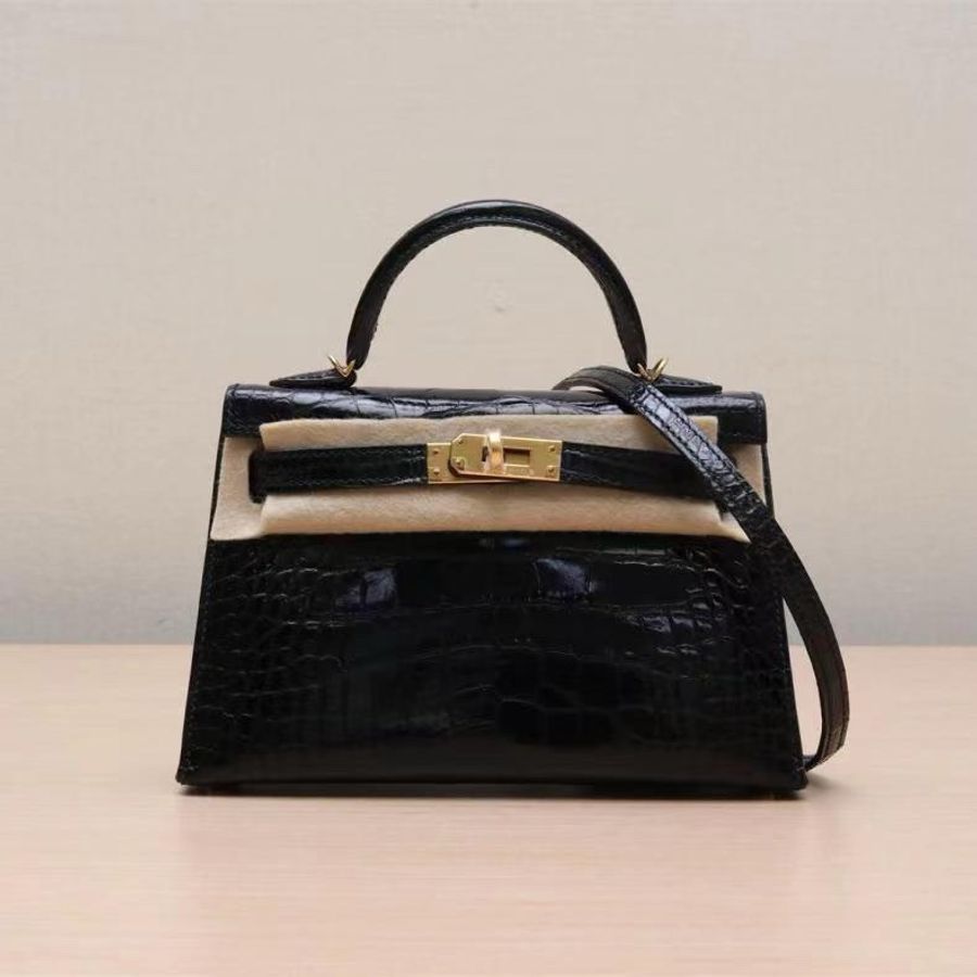 HERMES(愛馬仕) Mini Kelly 二代 19cm 89黑色 正方塊鱷魚皮 C刻 金扣-0