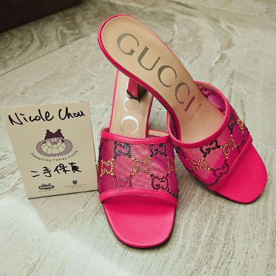全新Gucci燙鑽桃紅跟鞋35.5-6