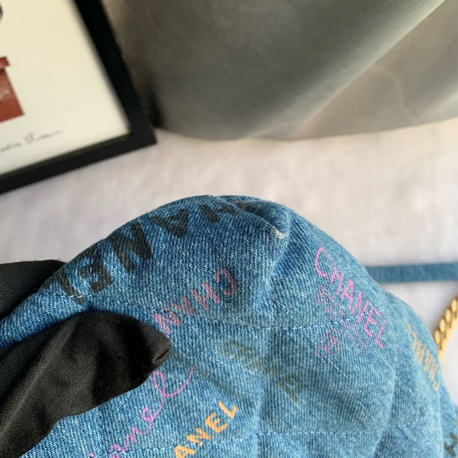 Chanel 金色CC Logo 塗鴉牛仔布二用托特包(牛仔藍)-7