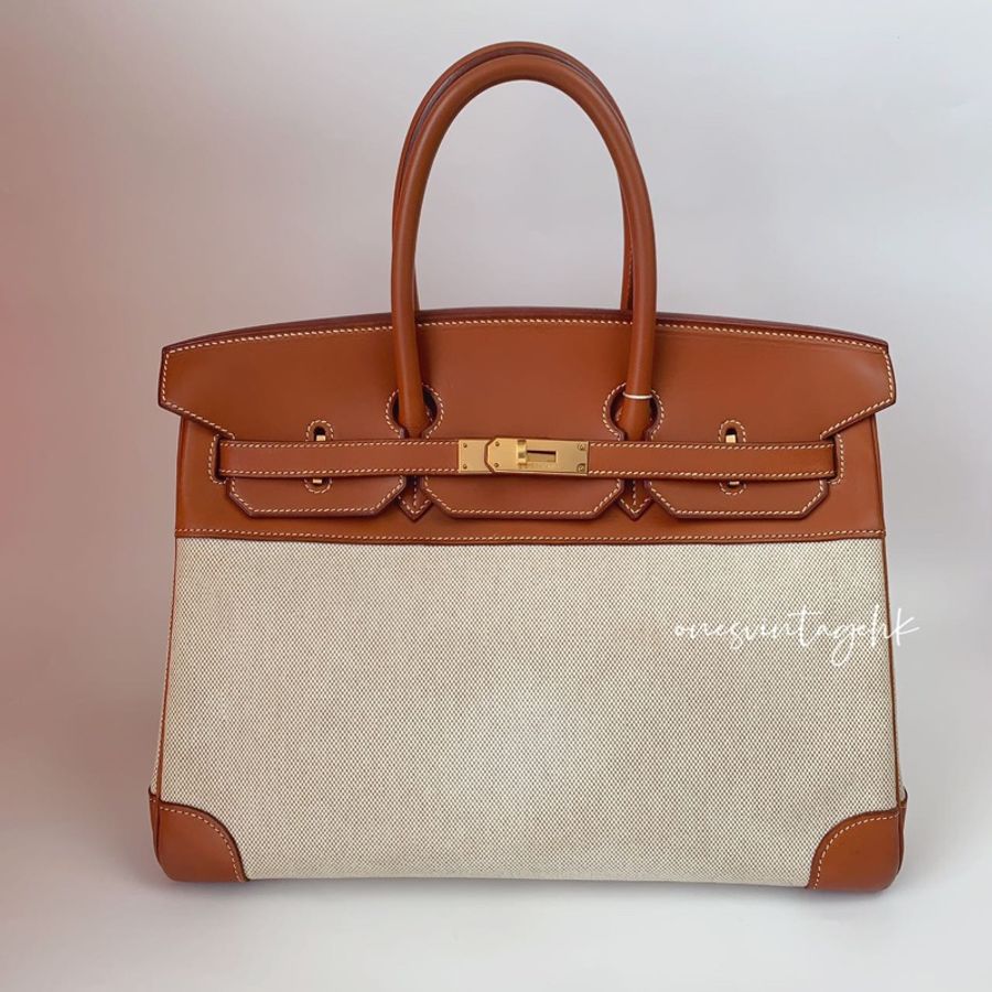 Hermes Vintage Birkin 35 Fabrics ,Barenia 愛馬仕鉑金包35 帆布拼馬鞍皮-0