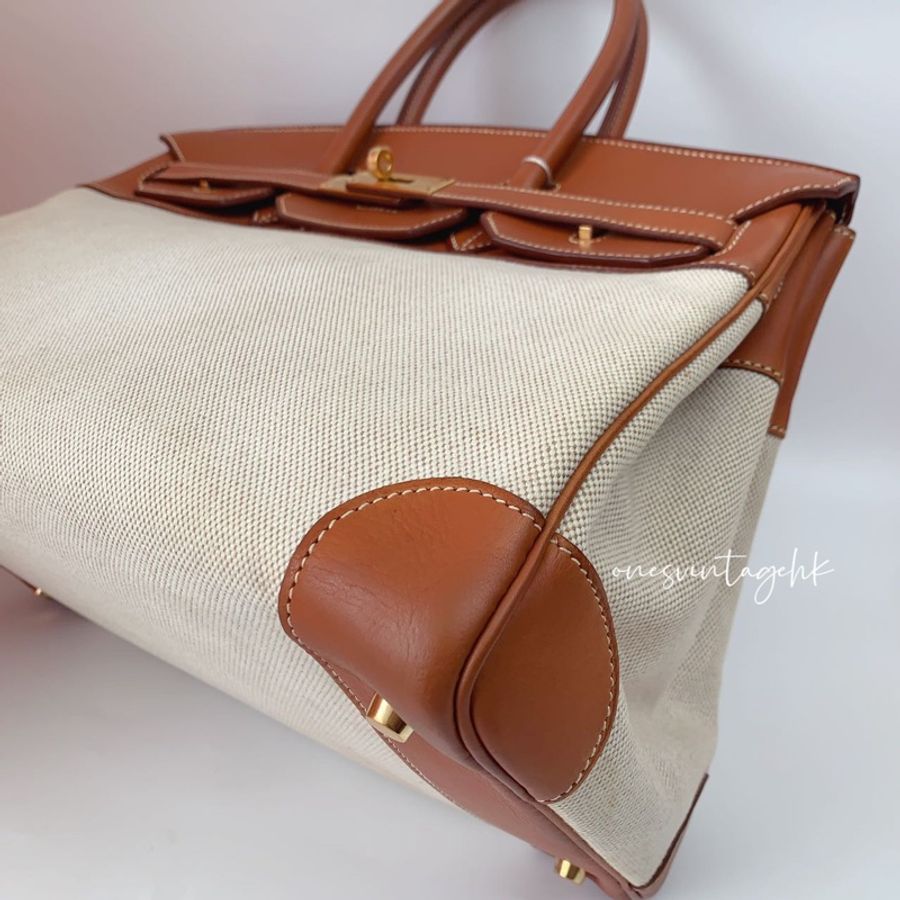 Hermes Vintage Birkin 35 Fabrics ,Barenia 愛馬仕鉑金包35 帆布拼馬鞍皮-9