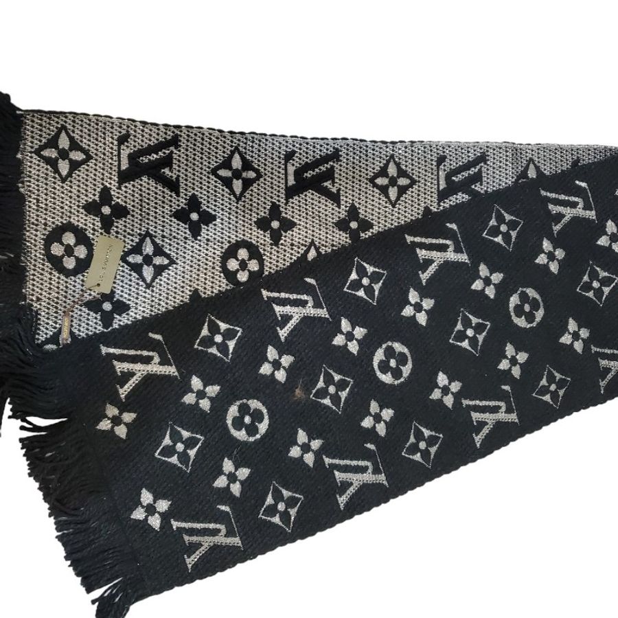 Louis Vuitton黑銀金蔥流蘇細版圍巾-0