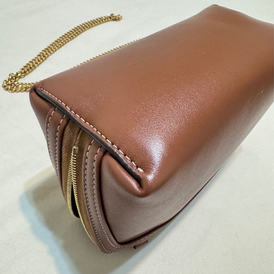 celine 光滑牛皮革CUIR TRIOMPHE飾鍊手提包 黃褐色-4