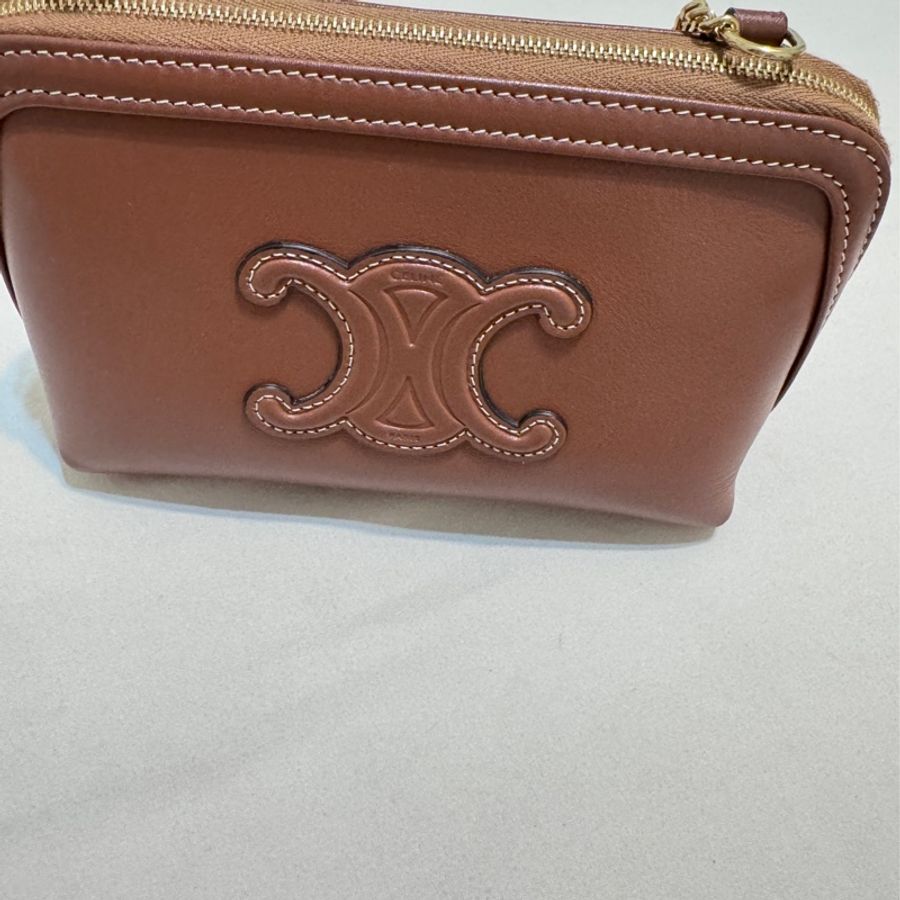 celine 光滑牛皮革CUIR TRIOMPHE飾鍊手提包 黃褐色-10