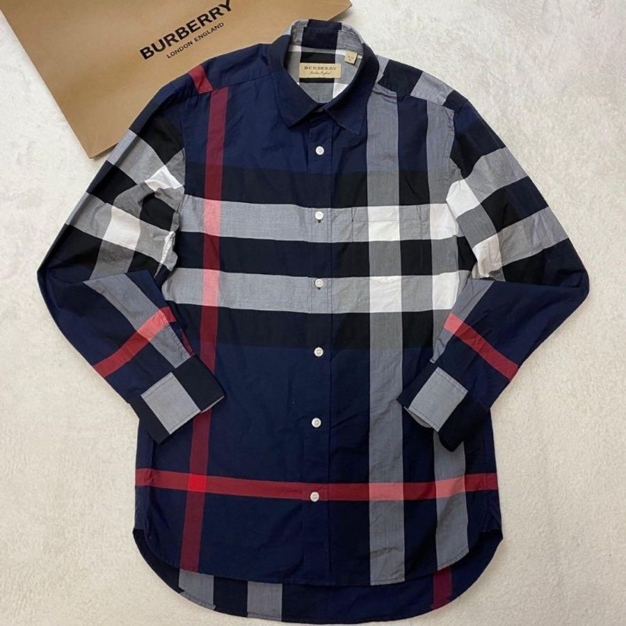 BURBERRY 格紋伸縮棉質長袖襯衫(海軍藍) XS-4