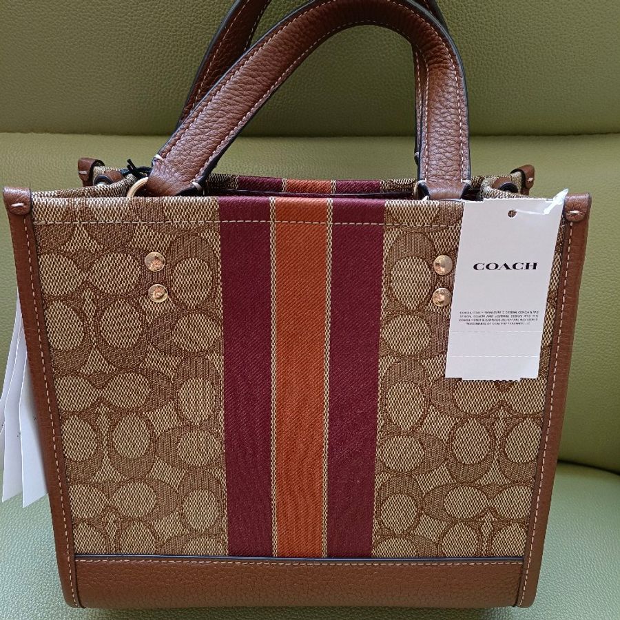 COACH 圓皮標馬車緹花織布兩用包(深卡其x棕橘)小款-1