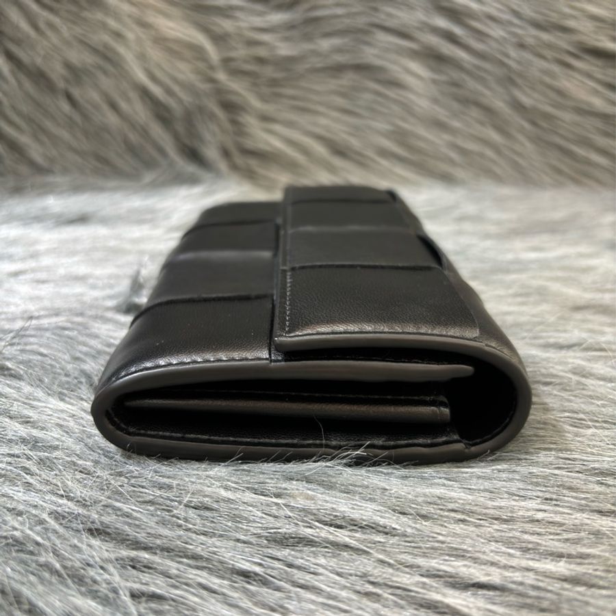 BOTTEGA VENETA BV 667433 黑色 CASSETTE 小牛皮 大方格 編織 釦式 拉鍊 零錢袋 長夾 皮夾 發財長夾-2