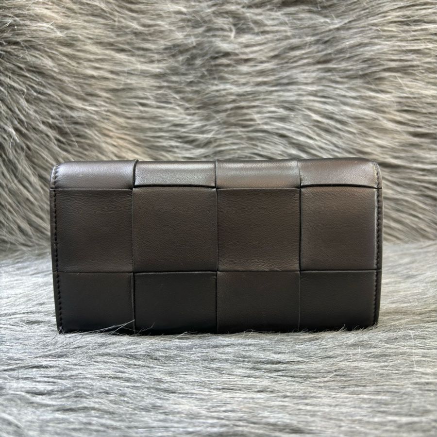 BOTTEGA VENETA BV 667433 黑色 CASSETTE 小牛皮 大方格 編織 釦式 拉鍊 零錢袋 長夾 皮夾 發財長夾-3
