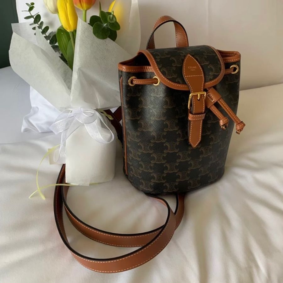 CELINE TRIOMPHE 帆布 黃褐色 小牛皮 FOLCO 迷你型 後背包-2