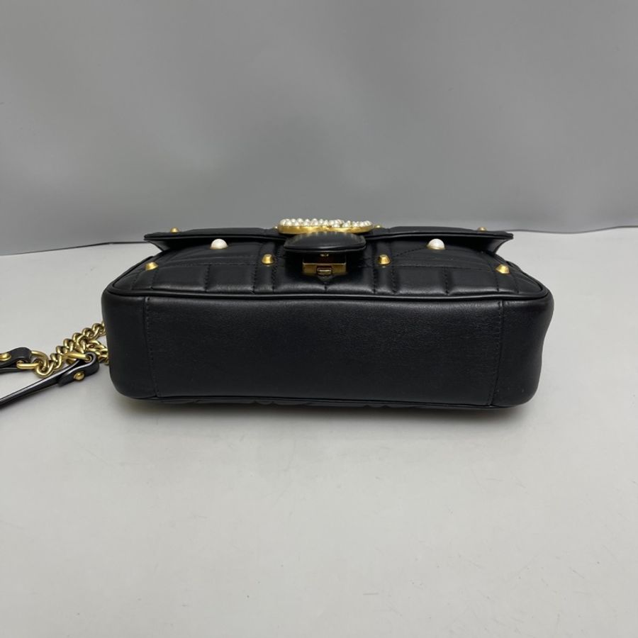 Gucci marmont中號黑色全皮珍珠柳釘單肩斜挎包-3