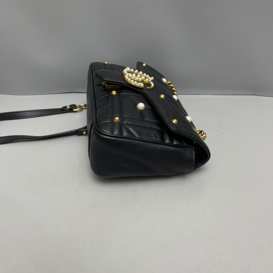Gucci marmont中號黑色全皮珍珠柳釘單肩斜挎包-4