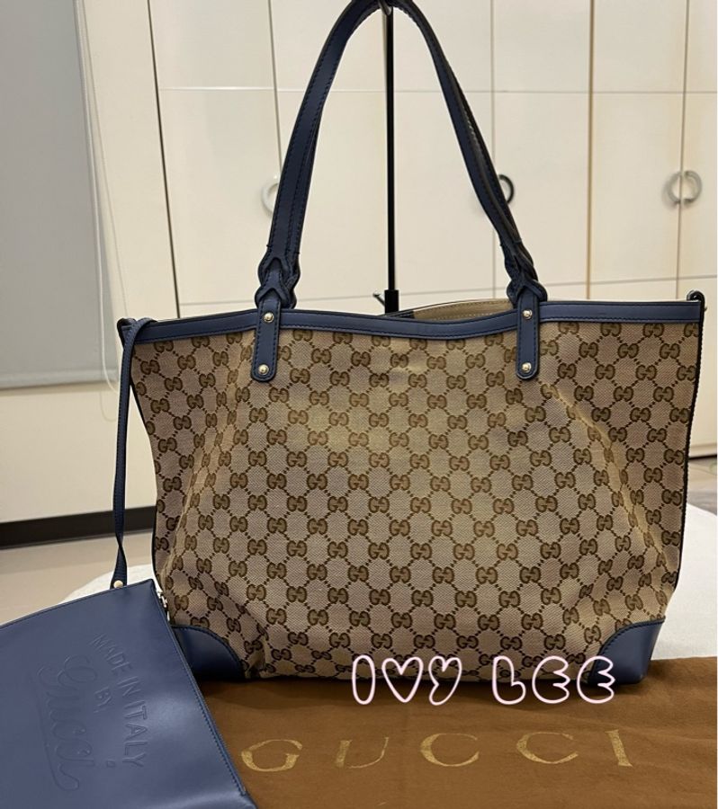 GUCCI 247209 Graft系列經典雙G緹花橫式托特包 附皮革萬用袋 子母包 藍色邊 二手精品-0