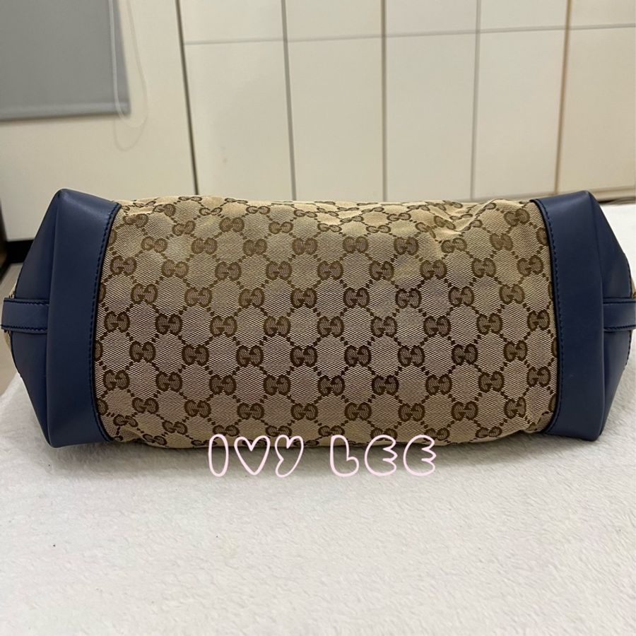 GUCCI 247209 Graft系列經典雙G緹花橫式托特包 附皮革萬用袋 子母包 藍色邊 二手精品-2